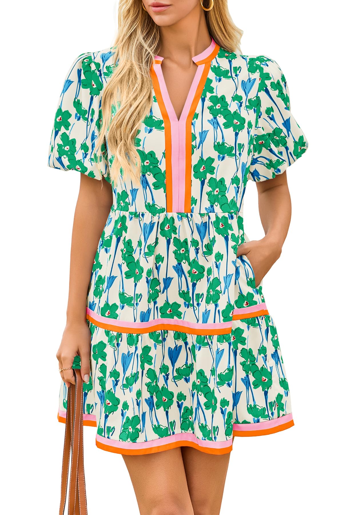 Limited time sale🔥Womens V Neck Floral Mini Dress Short Puff Sleeve Patchwork