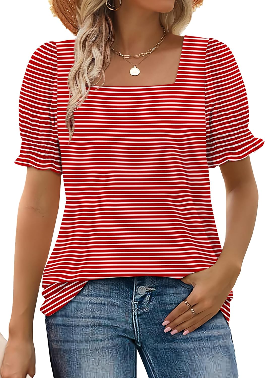 Limited time sale🔥Women's Square Neck Smocked Sleeve T-Shirt Casual Top