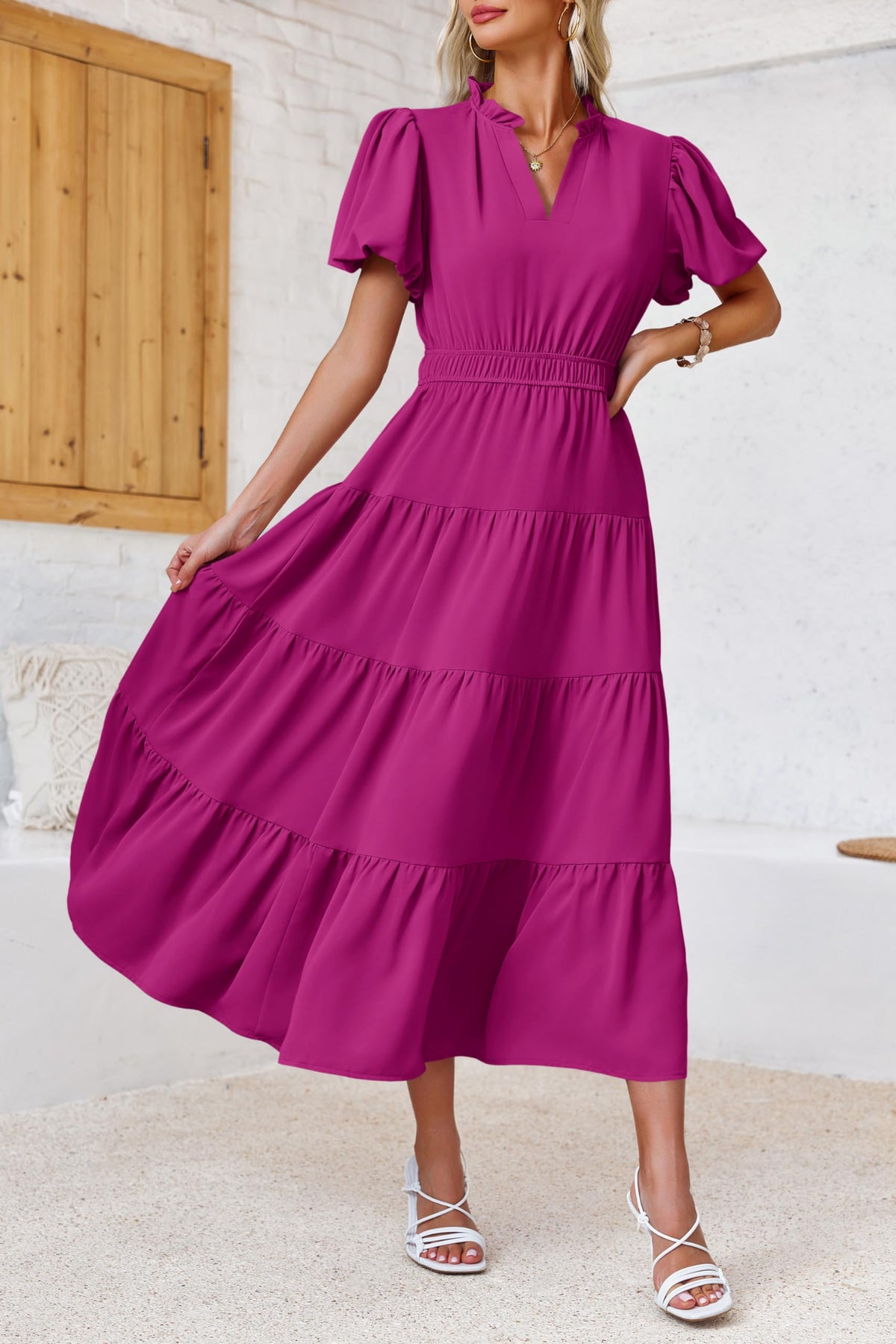 Limited time sale🔥Puff Short Sleeve V Neck Flowy Tiered Beach A-Line Dresses