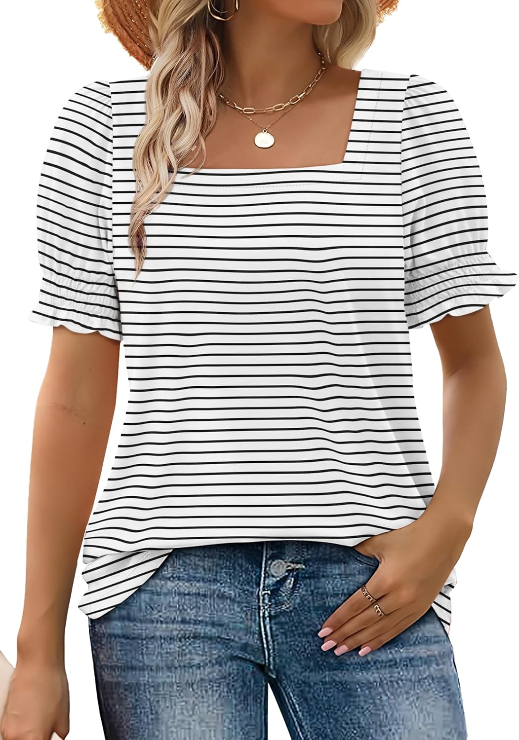 Limited time sale🔥Women's Square Neck Smocked Sleeve T-Shirt Casual Top