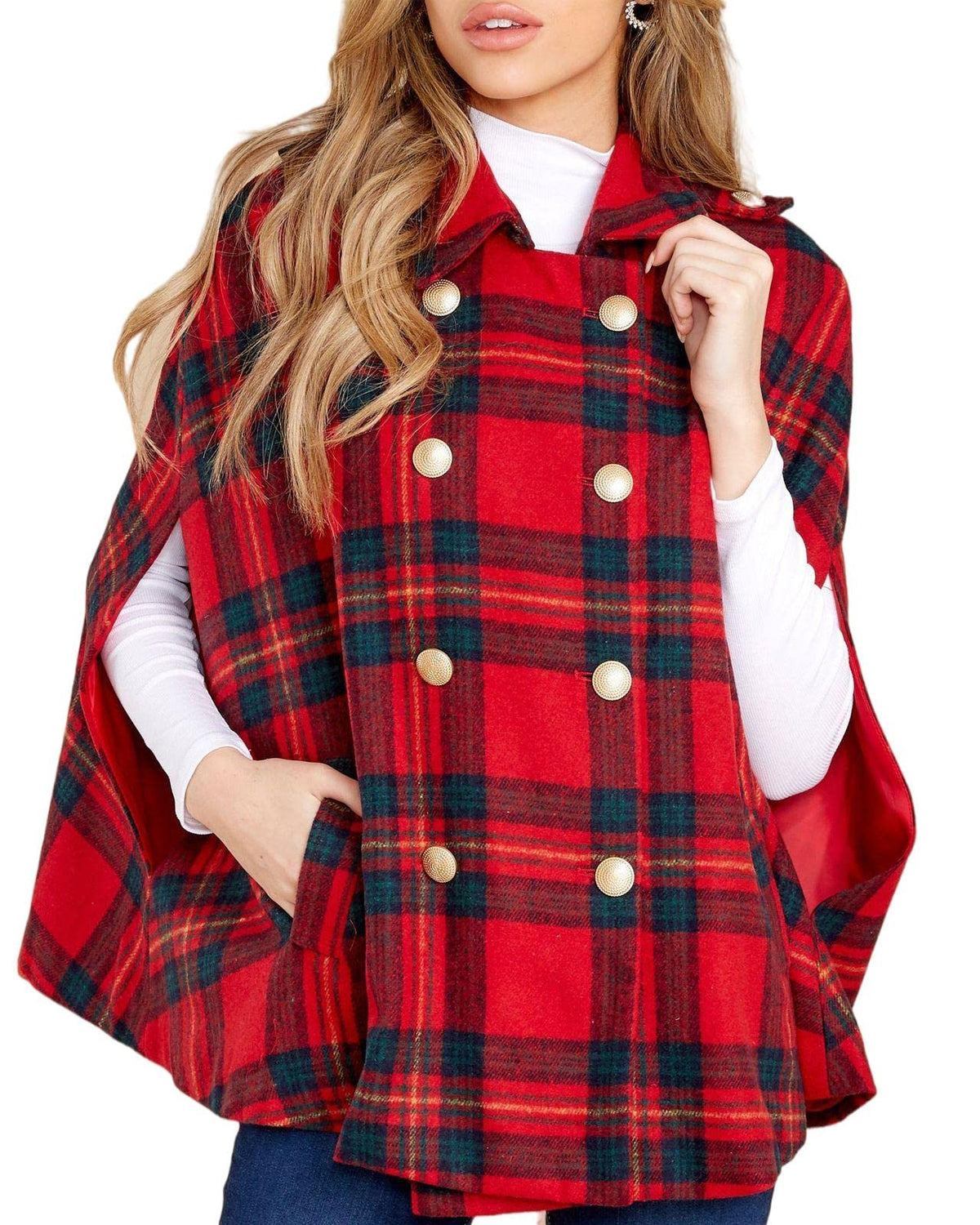 Women's Plaid Double Breasted Winter Cape Turn Down Poncho Coats