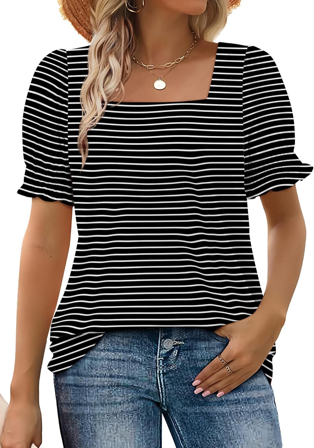 Limited time sale🔥Women's Square Neck Smocked Sleeve T-Shirt Casual Top