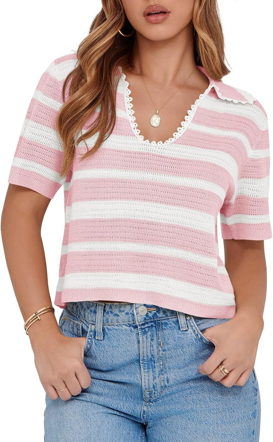 Women's Summer V Neck Collared Striped Short Sleeve Sweater Top