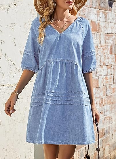 Limited time sale🔥Women Casual V Neck Puff Short Sleeve Denim Dress