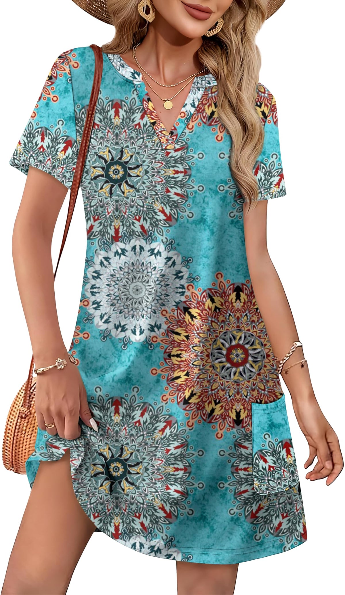 Women Casual V Neck Hawaiian Midi Dress With Pockets
