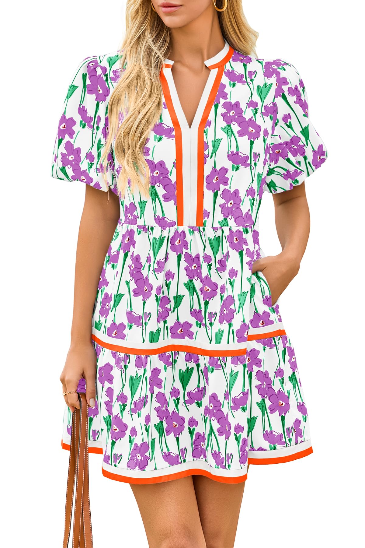 Limited time sale🔥Womens V Neck Floral Mini Dress Short Puff Sleeve Patchwork