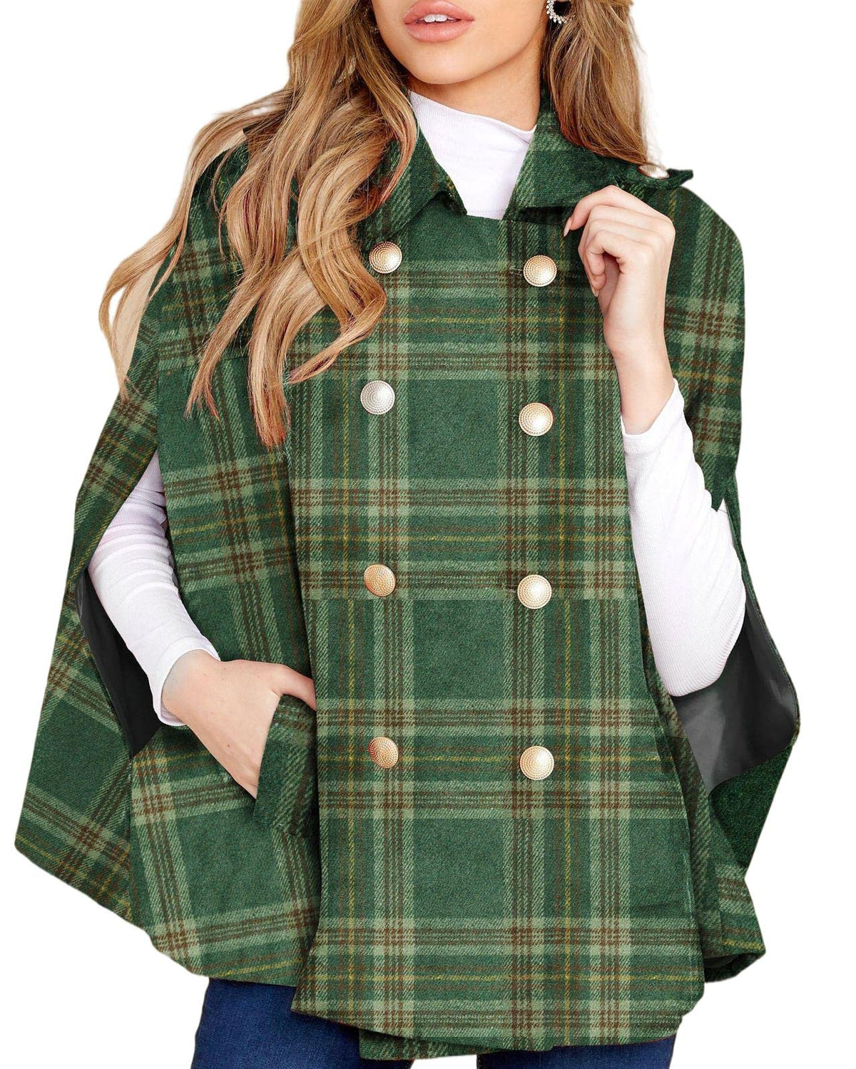 Women's Plaid Double Breasted Winter Cape Turn Down Poncho Coats