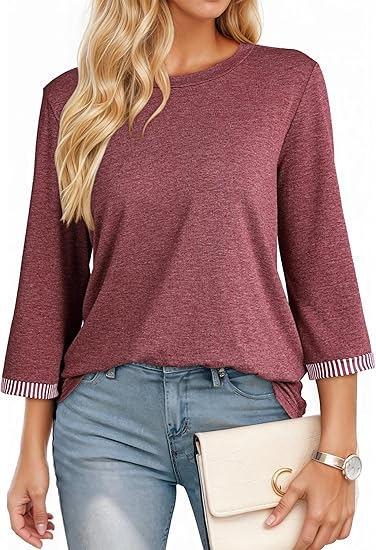 2026 New Women's 3/4 Length Sleeve T Shirts Casual Crew Neck Basic Blouses