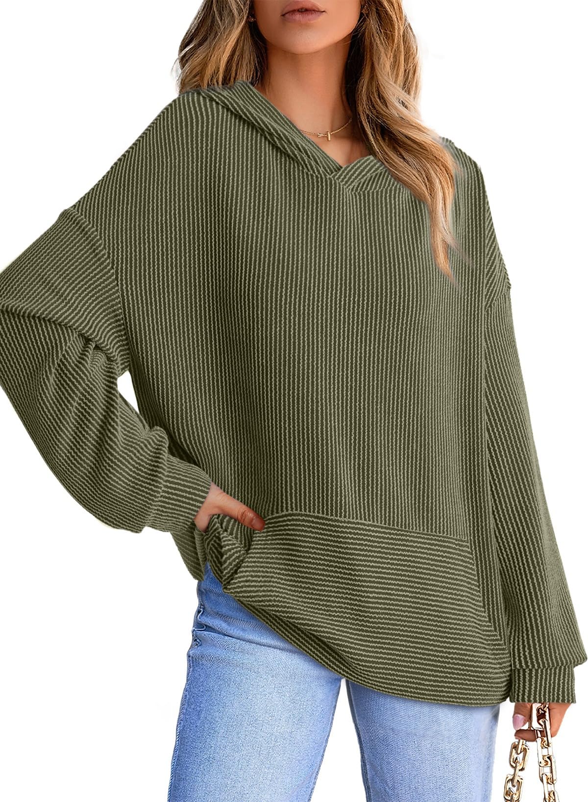 Limited time sale🔥Women's Ribbed Knit Pullover Hoodie