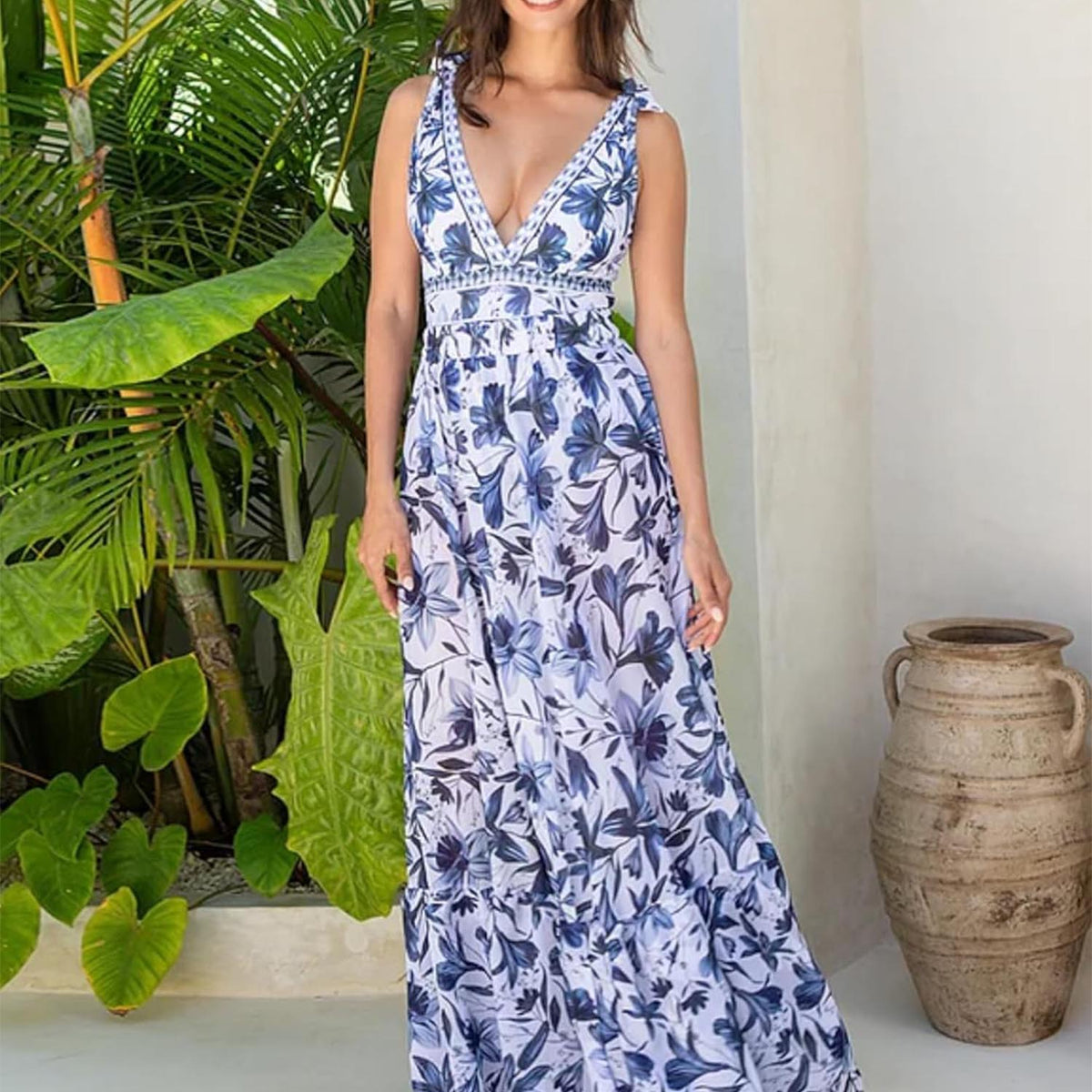 Women Adjustable Shoulder Strip Plant Prints One Piece Swimsuit and Skirt/Sarong