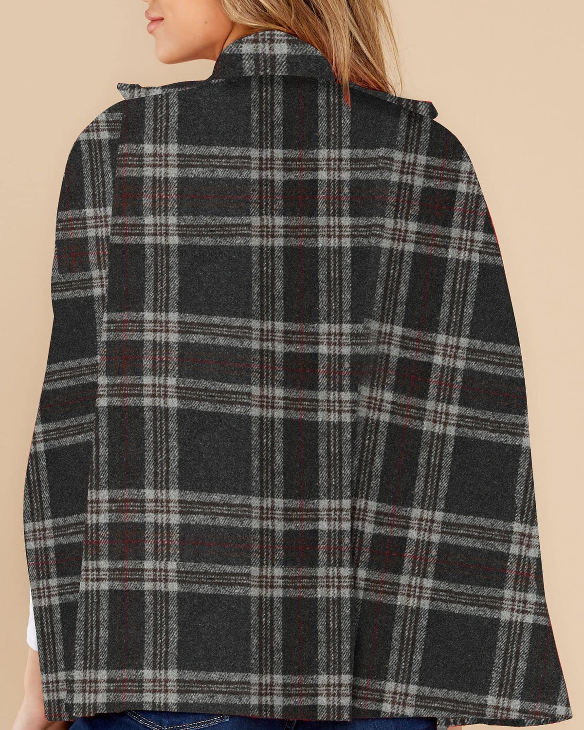Women's Plaid Double Breasted Winter Cape Turn Down Poncho Coats