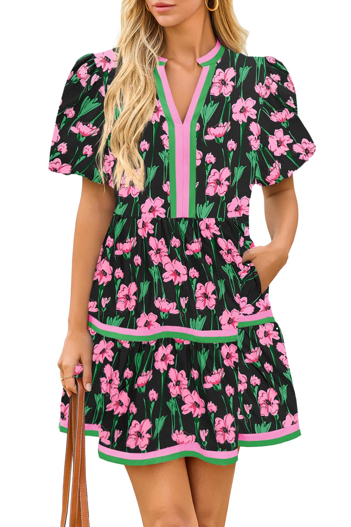 Limited time sale🔥Womens V Neck Floral Mini Dress Short Puff Sleeve Patchwork