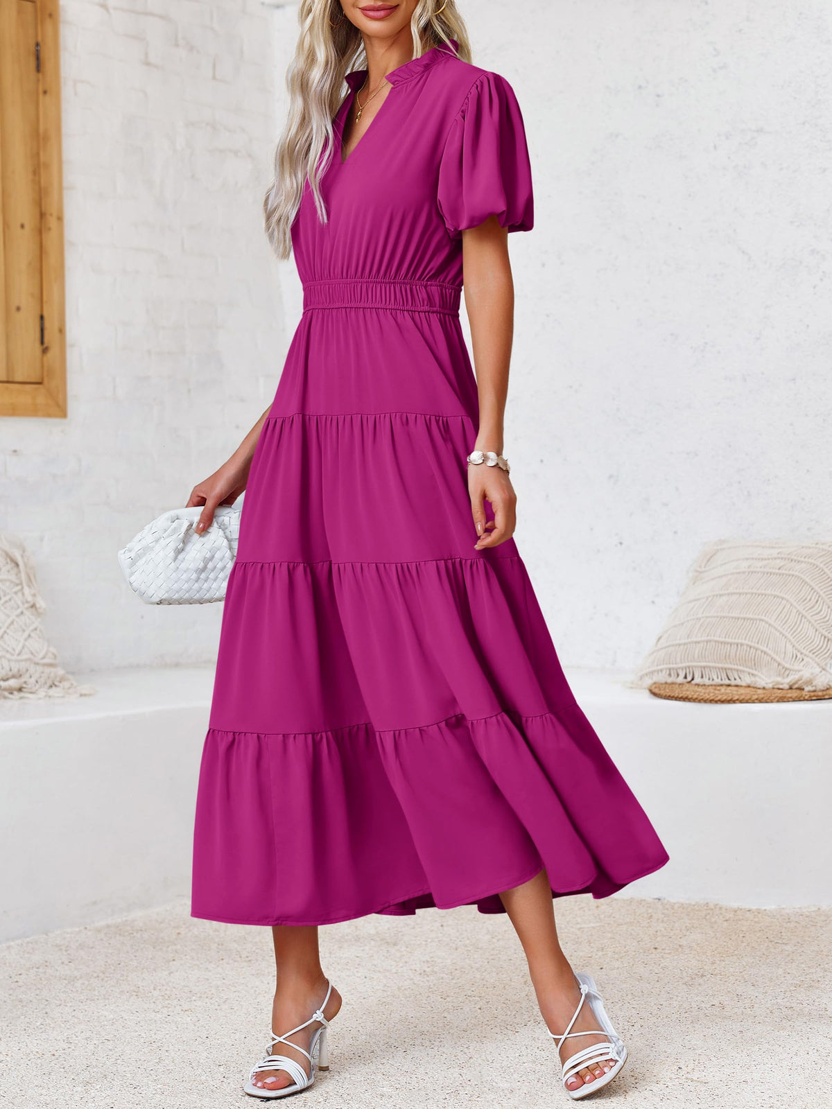 Limited time sale🔥Puff Short Sleeve V Neck Flowy Tiered Beach A-Line Dresses