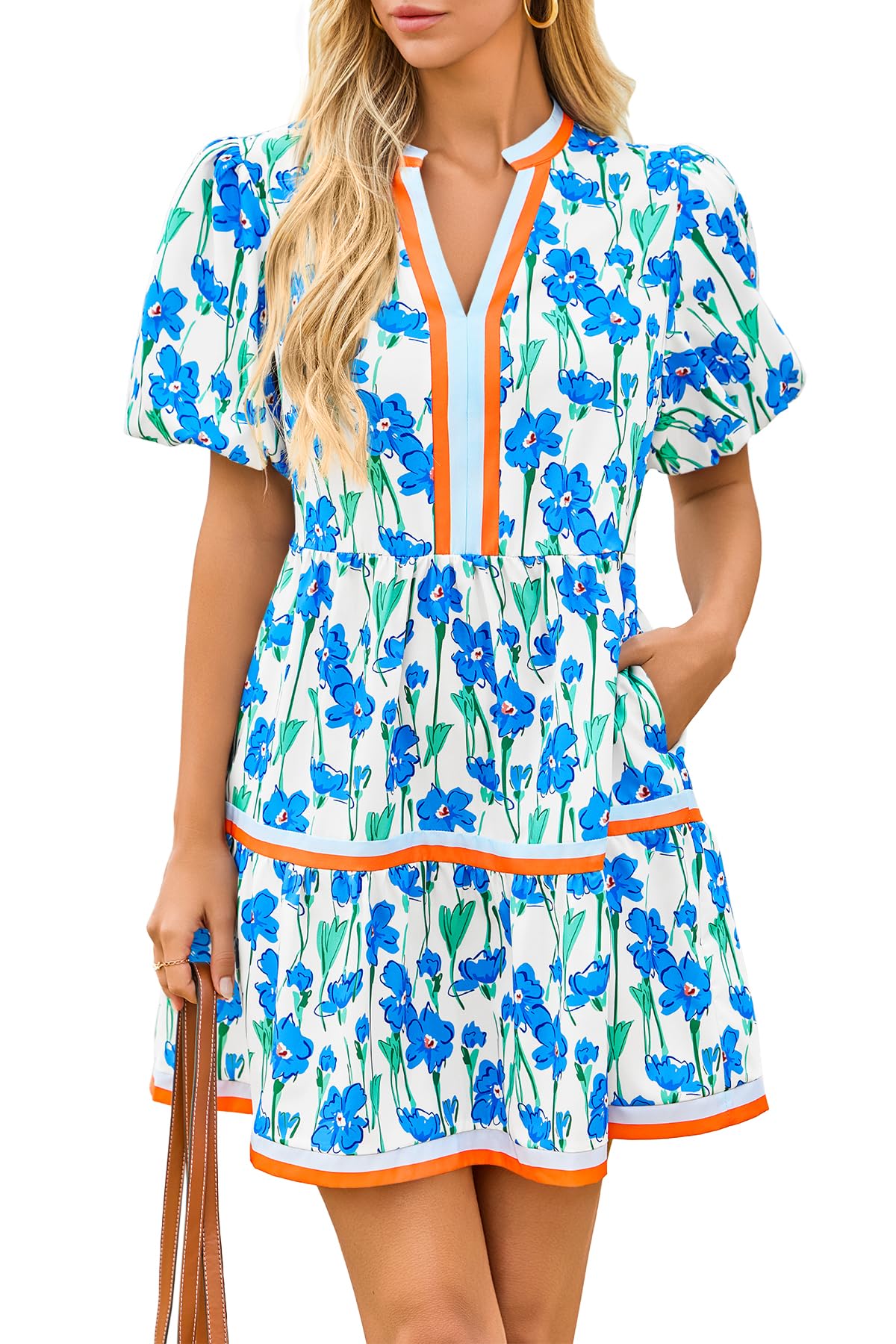 Limited time sale🔥Womens V Neck Floral Mini Dress Short Puff Sleeve Patchwork