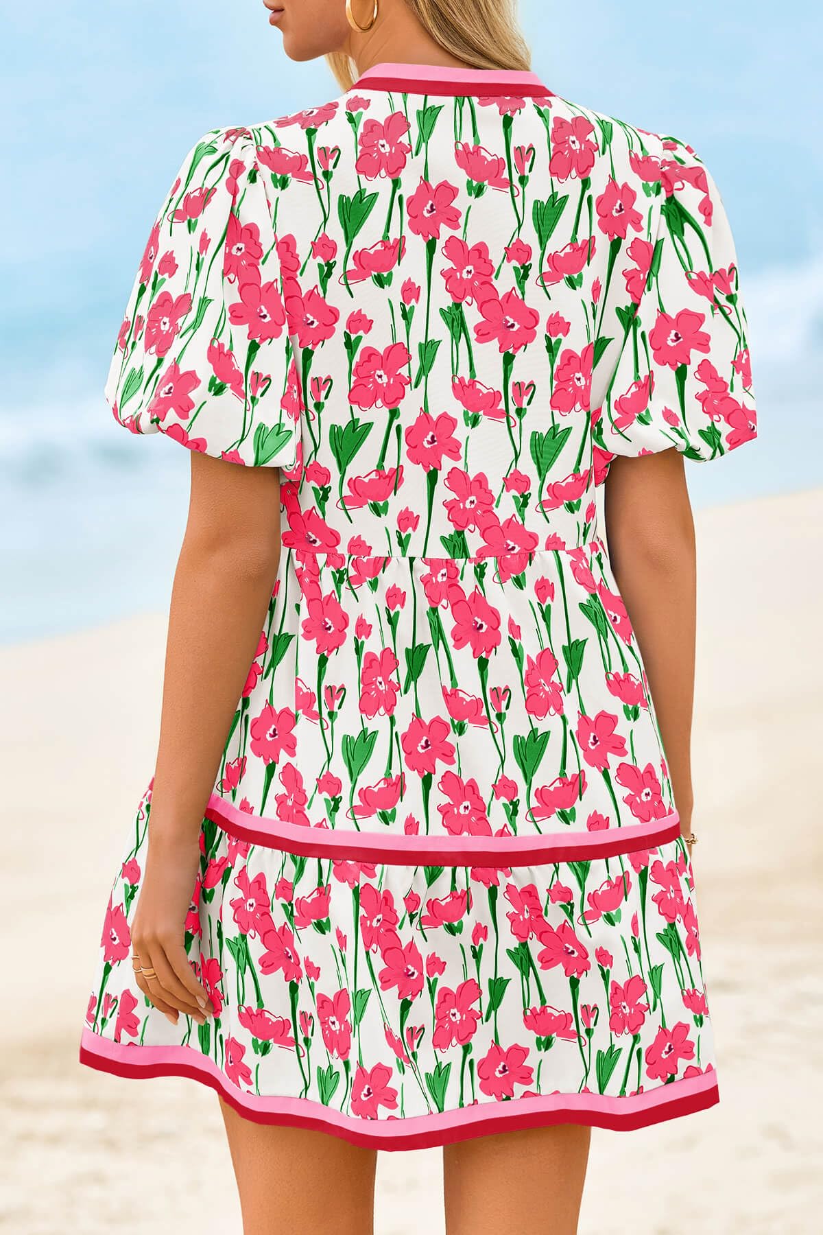 Limited time sale🔥Womens V Neck Floral Mini Dress Short Puff Sleeve Patchwork
