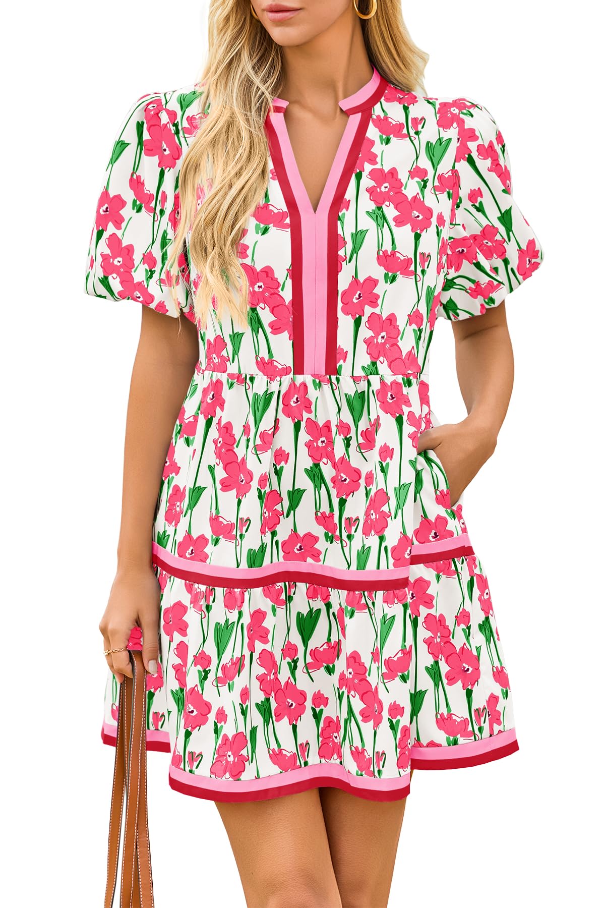 Limited time sale🔥Womens V Neck Floral Mini Dress Short Puff Sleeve Patchwork