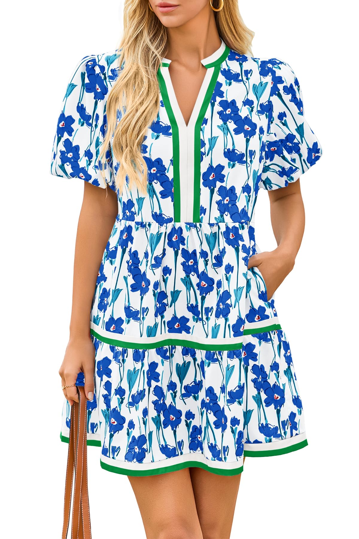 Limited time sale🔥Womens V Neck Floral Mini Dress Short Puff Sleeve Patchwork