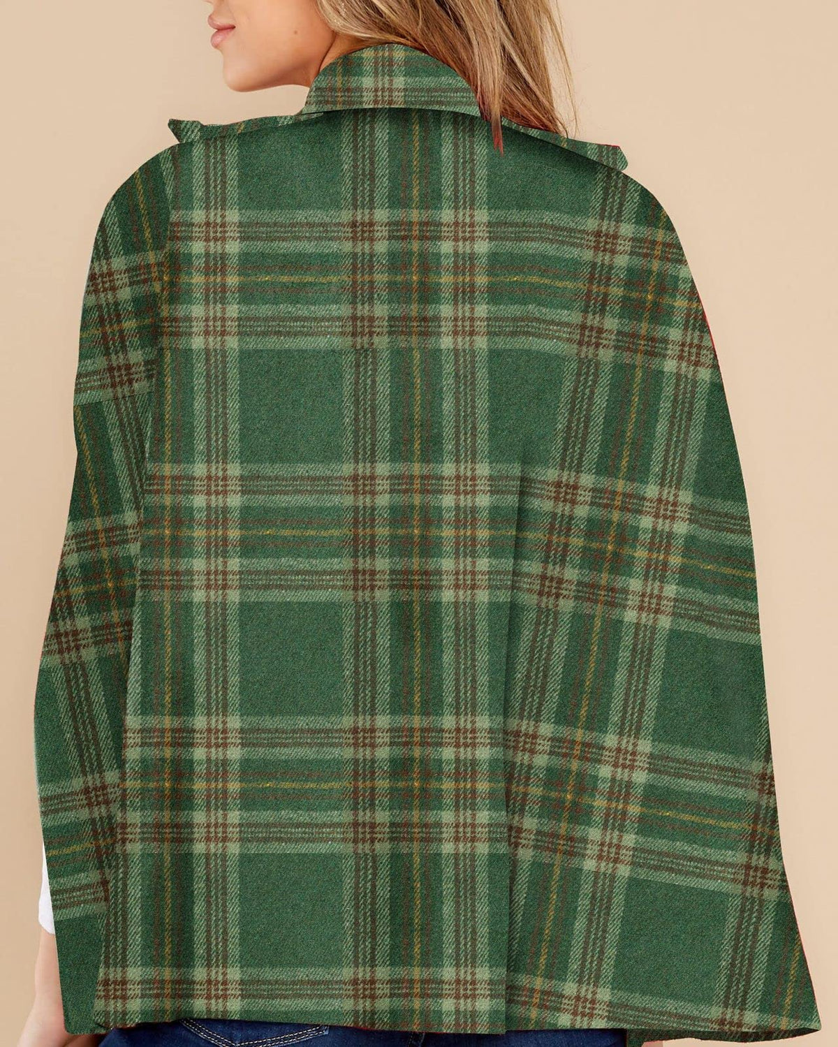 Women's Plaid Double Breasted Winter Cape Turn Down Poncho Coats