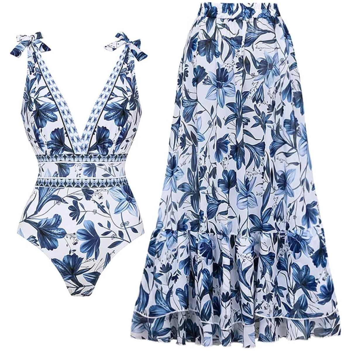 Women Adjustable Shoulder Strip Plant Prints One Piece Swimsuit and Skirt/Sarong