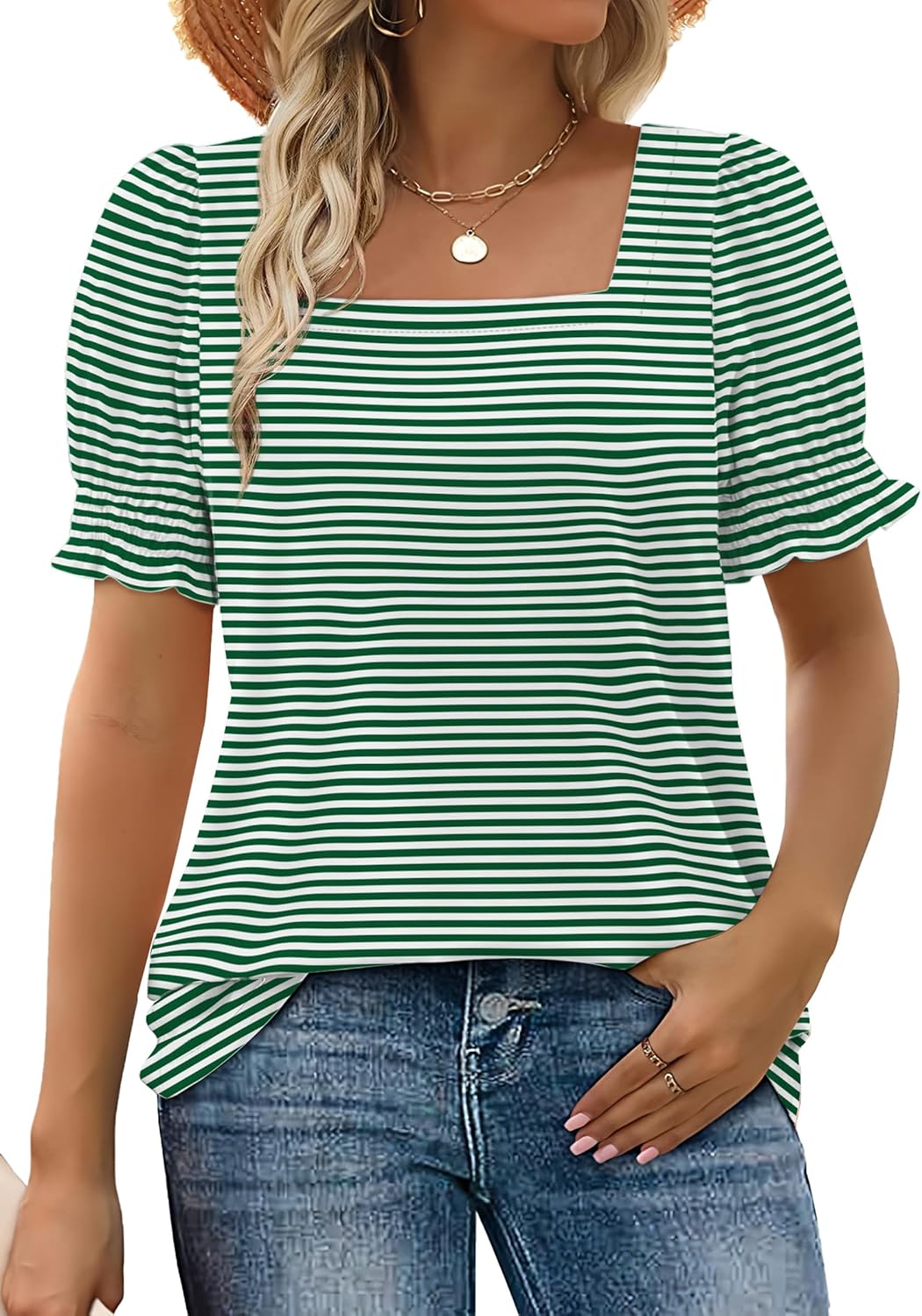 Limited time sale🔥Women's Square Neck Smocked Sleeve T-Shirt Casual Top