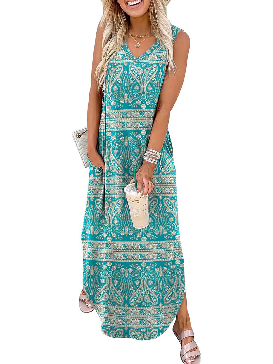 Limited time sale🔥Women's Boho Print V Neck Split Tank Long Dress with Pockets