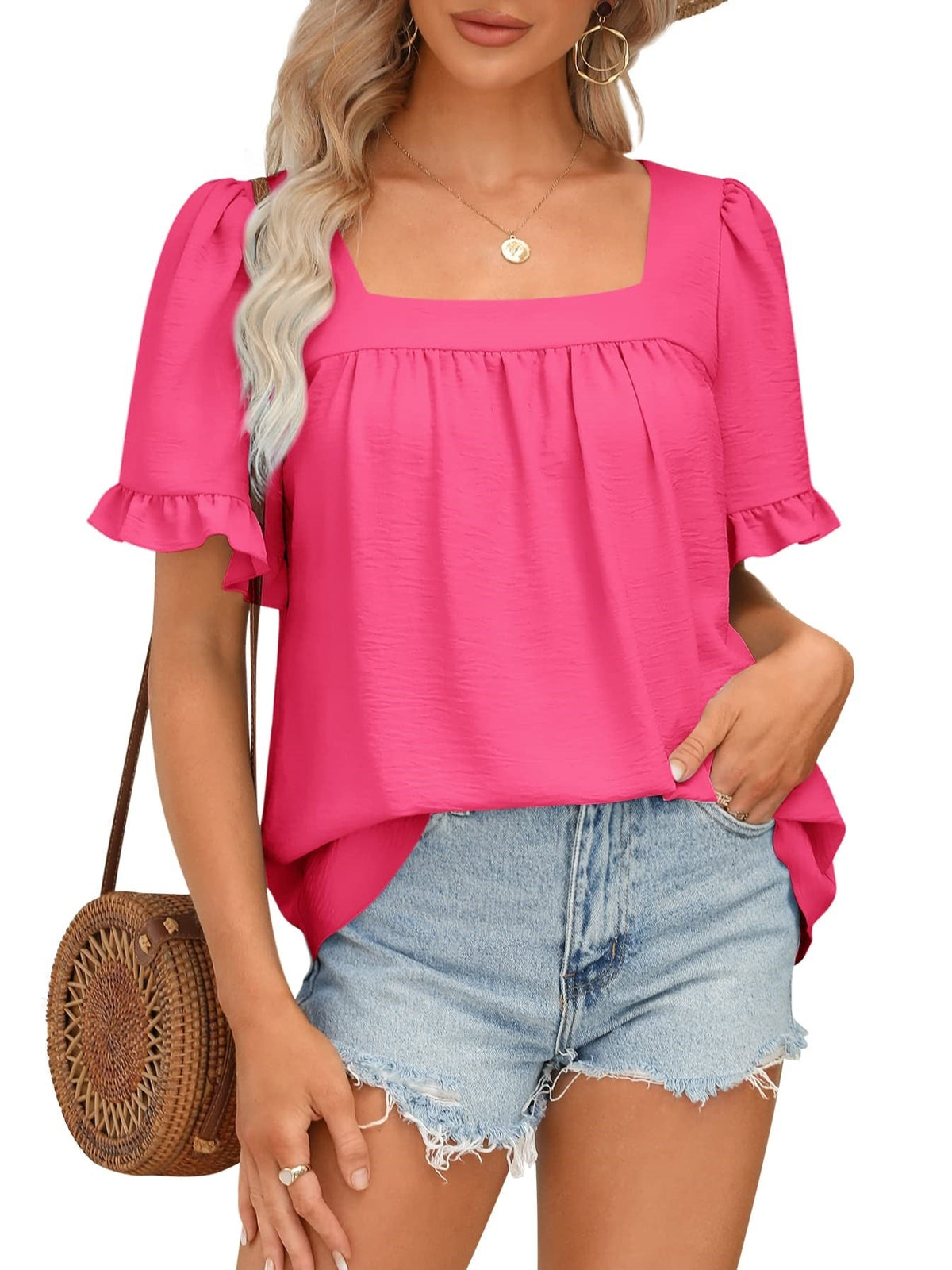 Limited time sale🔥Women's Sqaure Neck Ruffle Sleeve Blouses Peplum Tops