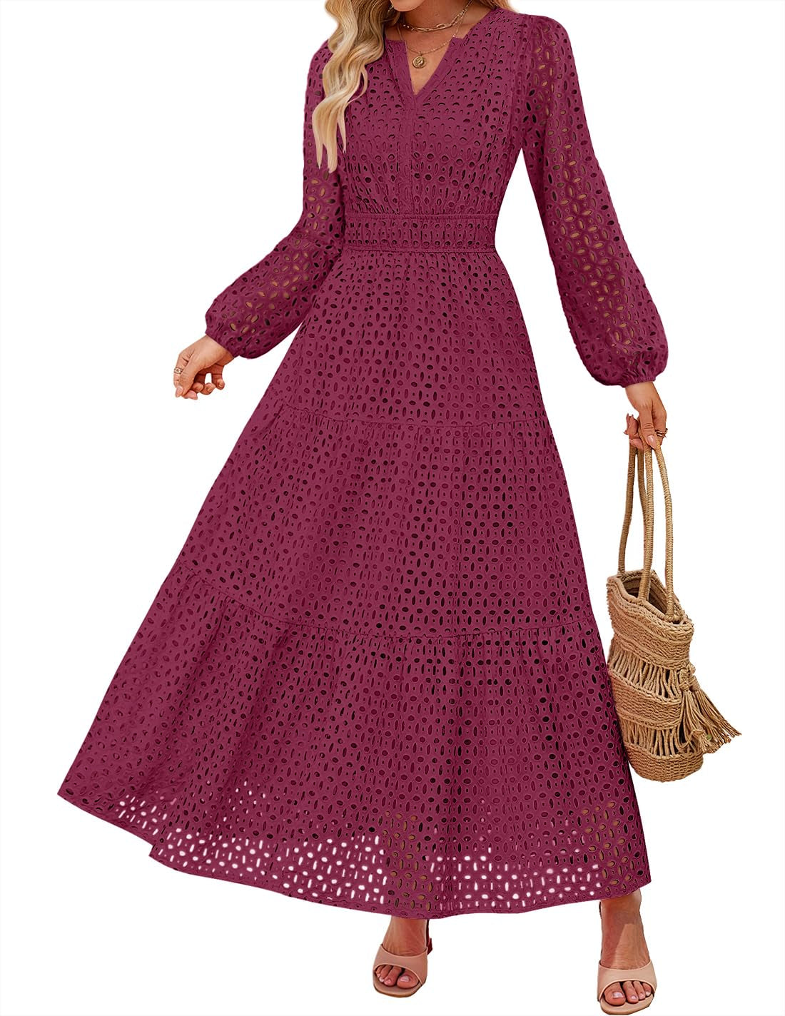 Women's 2026 V Neck Hollow Out Eyelet A Line Long Flowy Dresses