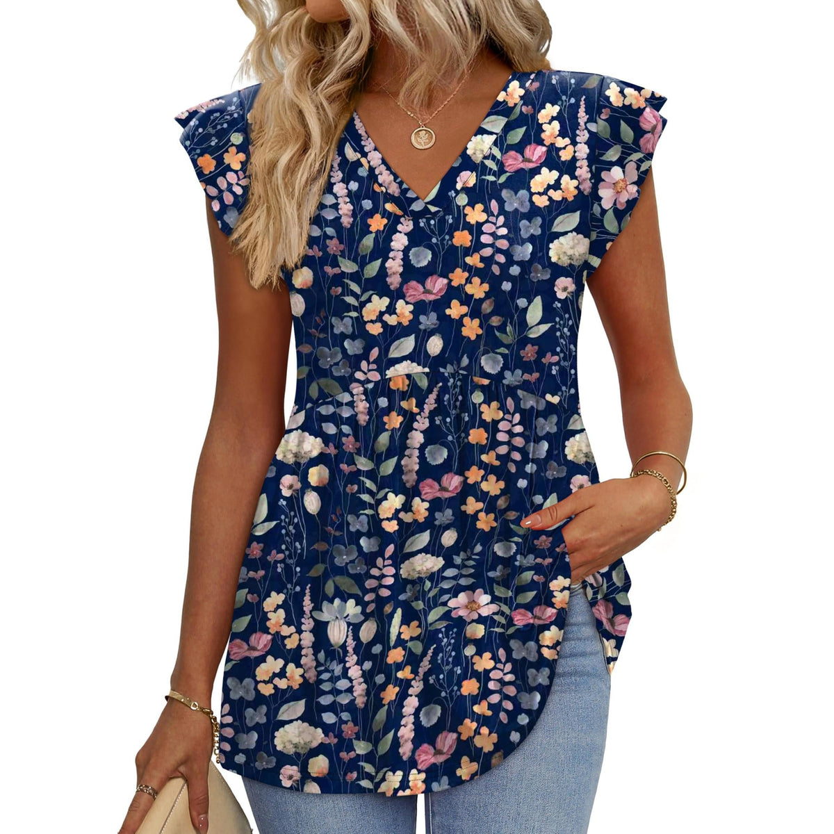 Women's Floral V-Neck Ruffle Sleeve Babydoll Blouse
