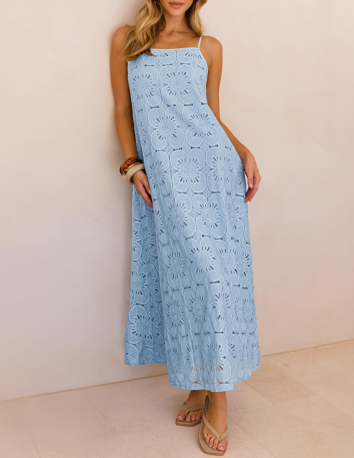 2026 Casual Sleeveless Floral Lace Eyelet Boho Beach Maxi Dress