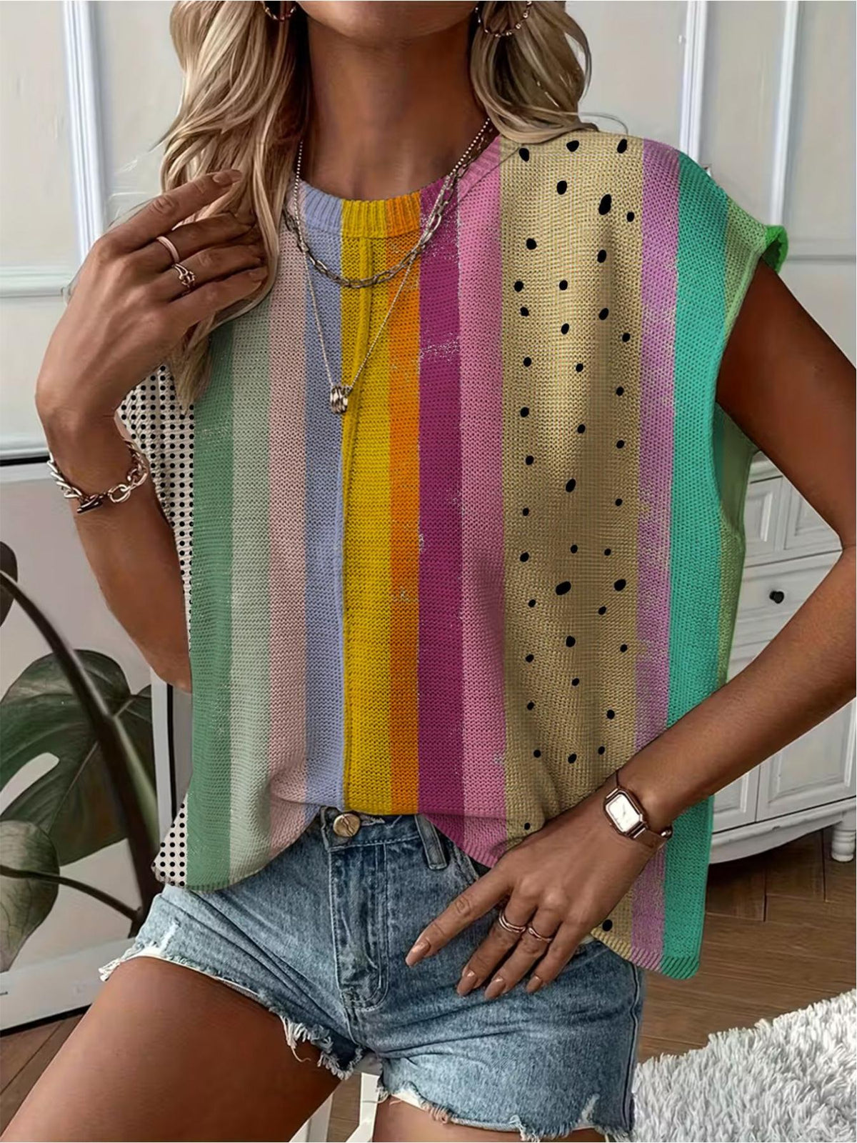 Women's Crew Neck Drop-shoulder Loose Fit Contrast Splicing Print Knit Top