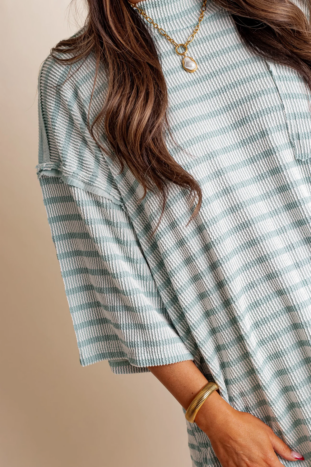 Women's 2025 Spring New Ribbed Striped Crew Neck Pocket Top