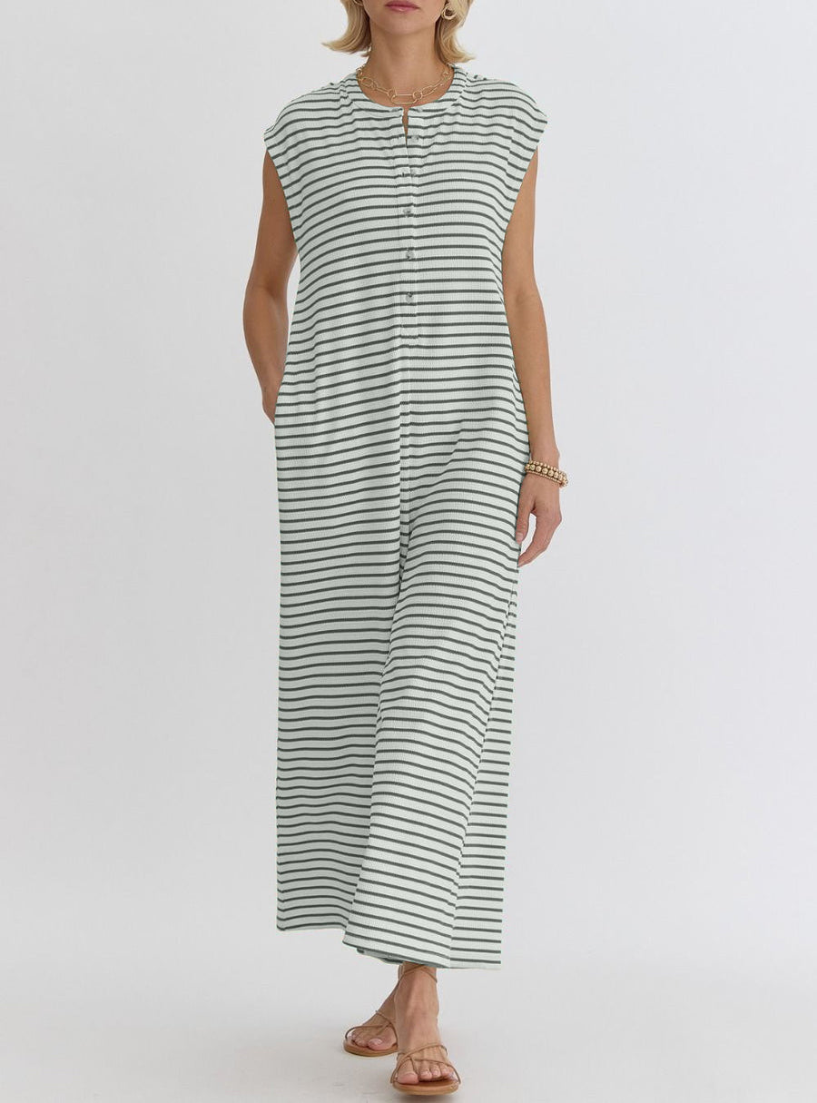 Women's Casual Striped Button-Up Jumpsuit