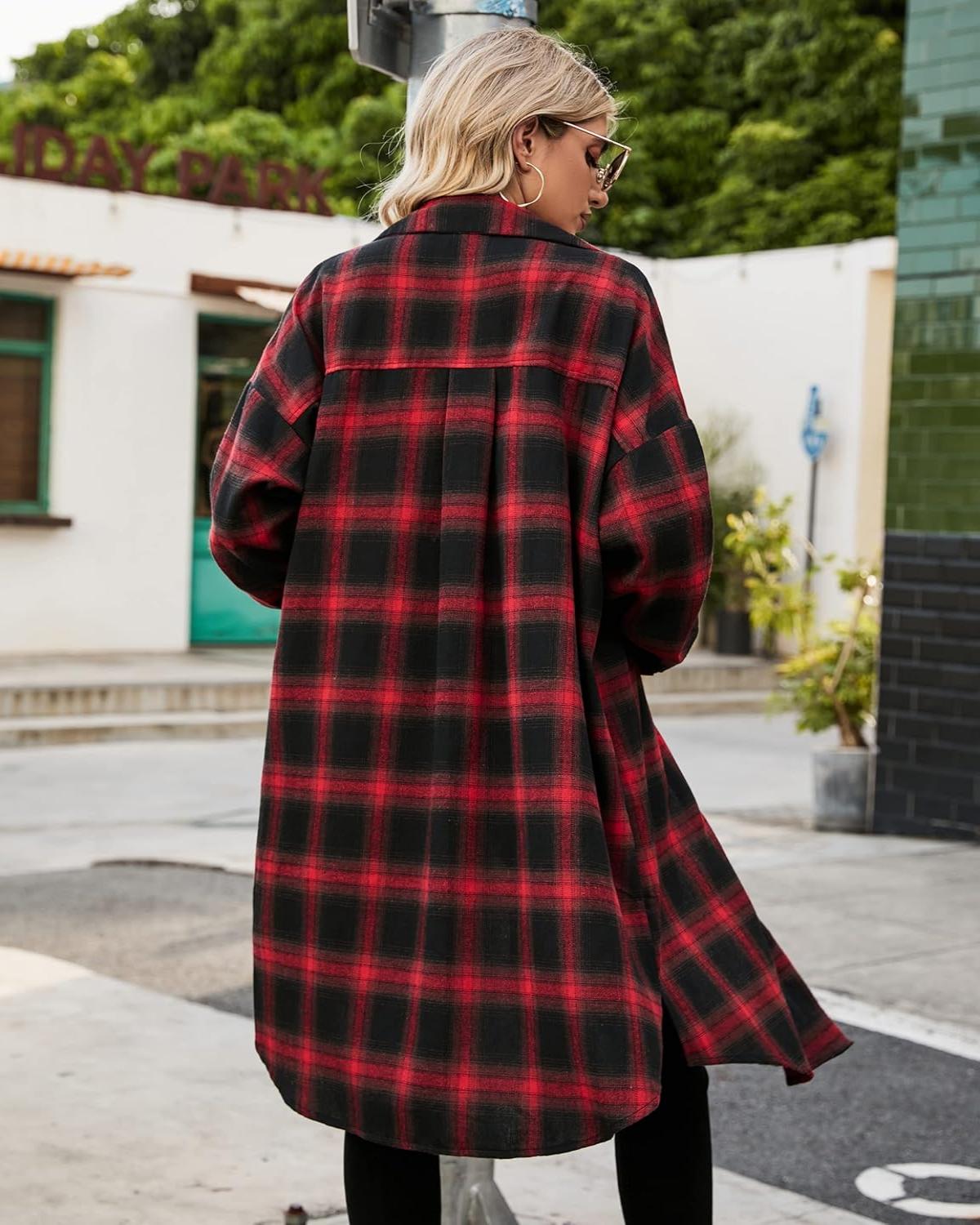Women's Button Down Flannel Shirts Plaid Shacket Collared Long Jacket Coats