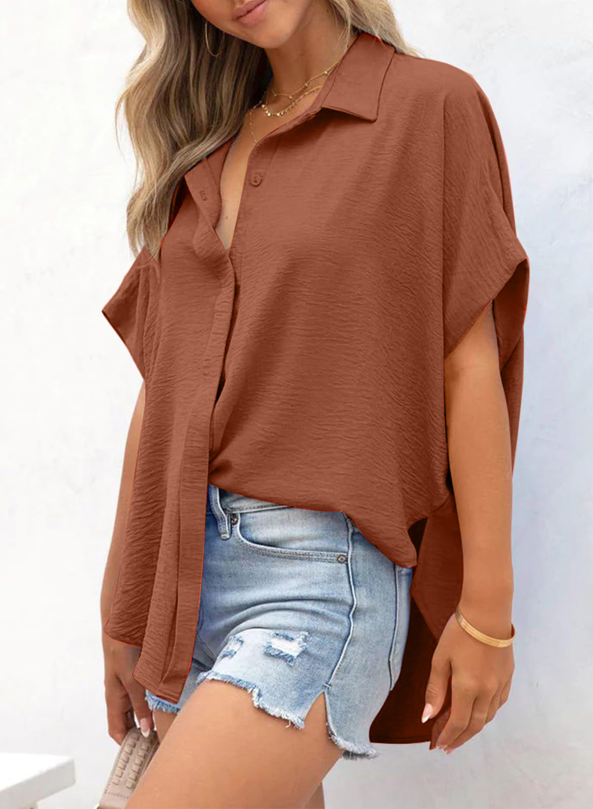 Limited time sale🔥Women's Casual Button Short Sleeve Slit Hem Shirt Solid Color Tops