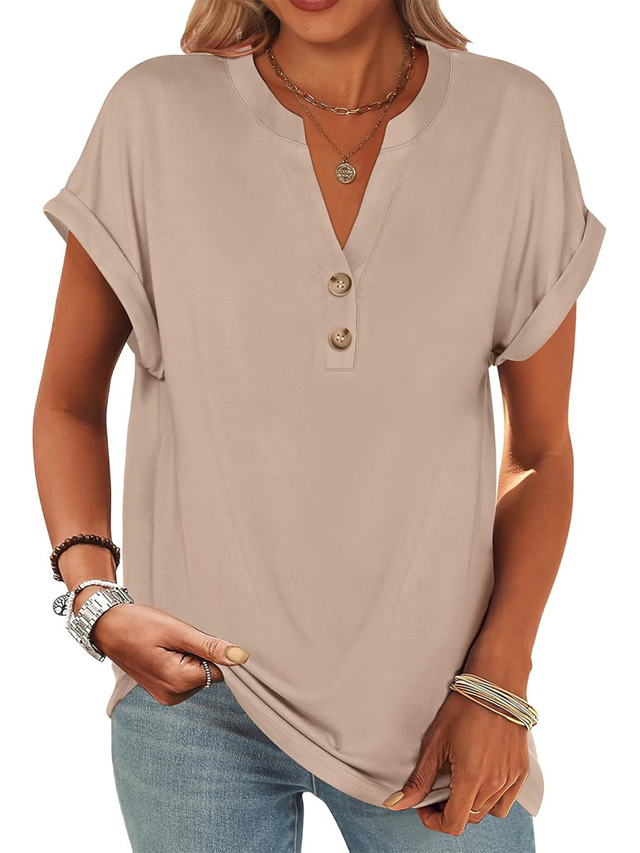 Limited time sale🔥Women's V Neck Button Casual Loose Fit Short Sleeve Henley Tops