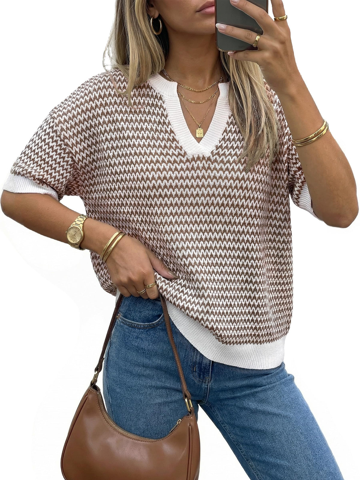Polo V Neck Striped Short Sleeve Casual Pullover Sweaters Spring SummerVibes