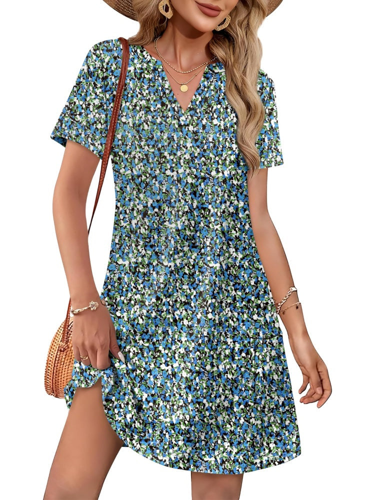 Women Casual V Neck Hawaiian Midi Dress With Pockets