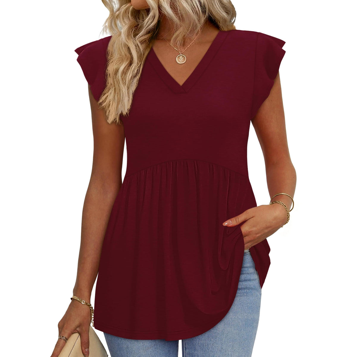 Women's Floral V-Neck Ruffle Sleeve Babydoll Blouse