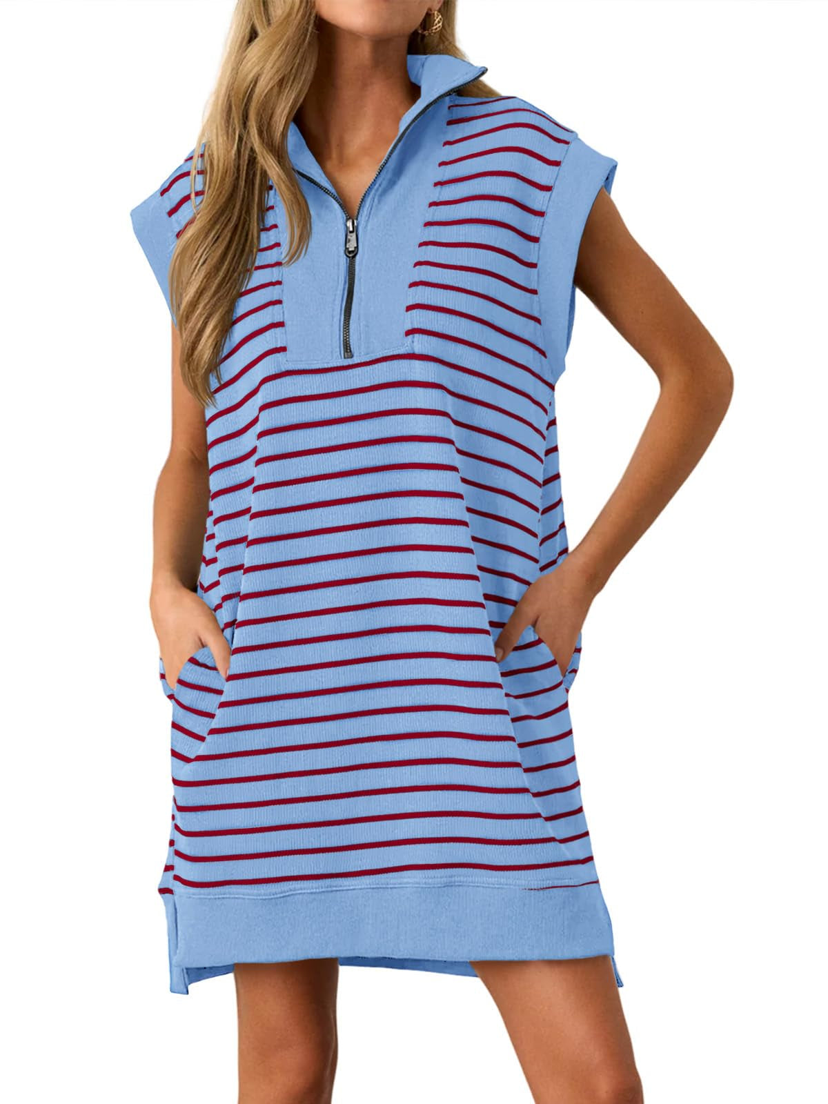 Limited time sale🔥Women's Striped Casual Zipper Cap Sleeve Mini Dress