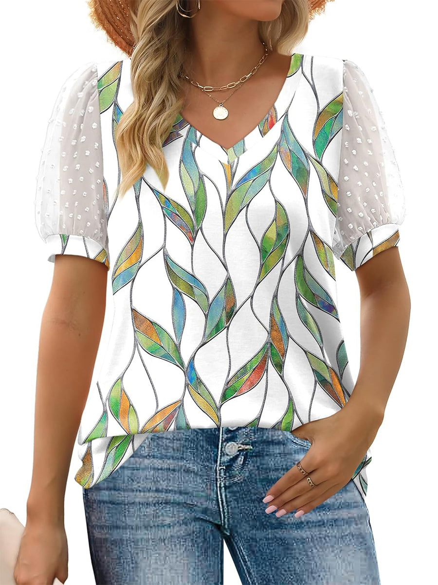 HOT SALE Women's Printed V Neck Swiss Dot Puff Sleeve Loose Casual T-Shirt