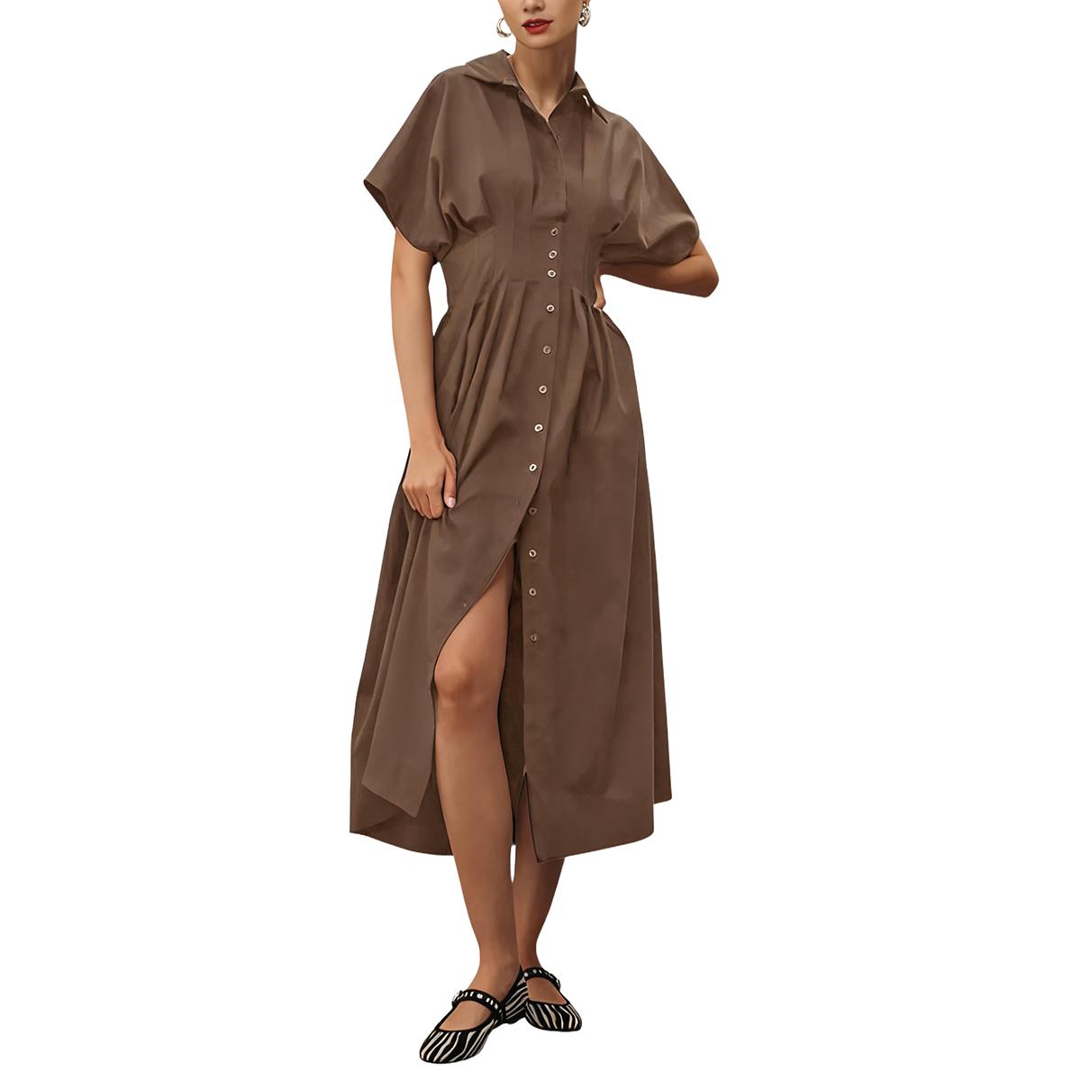 Shirt Dress for Women Summer Casual Short Sleeve Button Down Loose Pleated