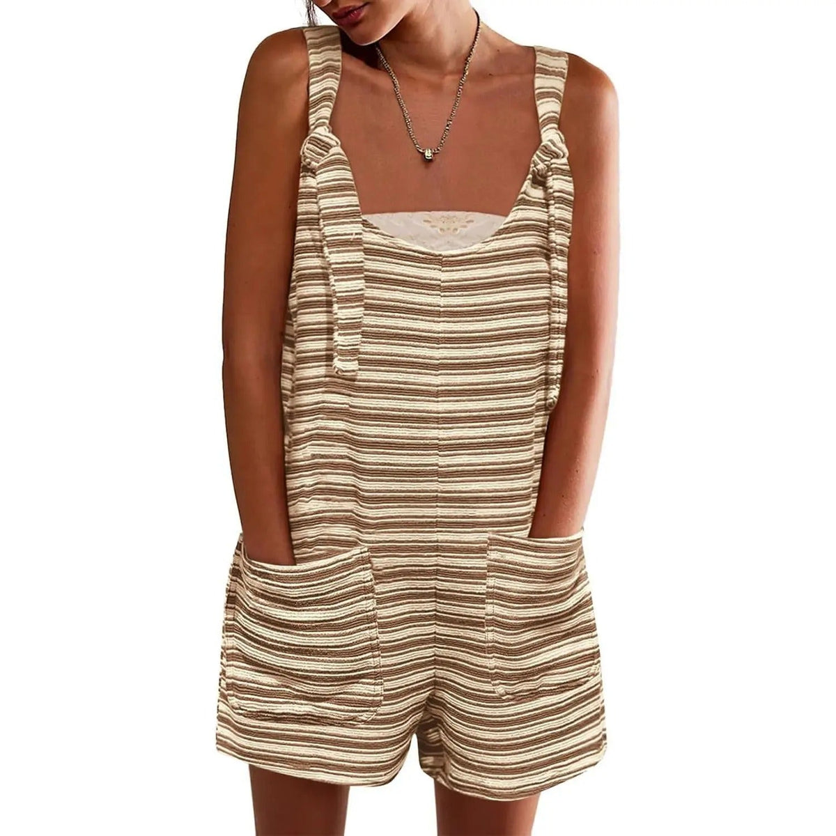 Summer Casual Sleeveless Striped Romper – Loose Overalls Jumpsuit with Pockets