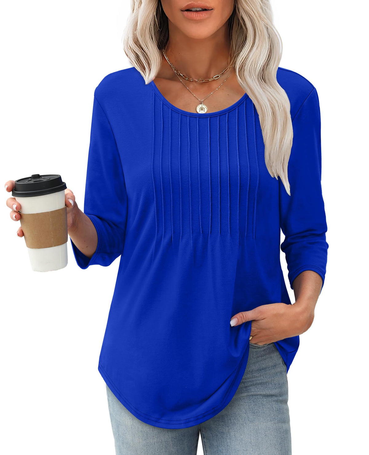 Limited time sale🔥Women's 3/4 Length Sleeve Crewneck Casual Pleated Tunic Tops