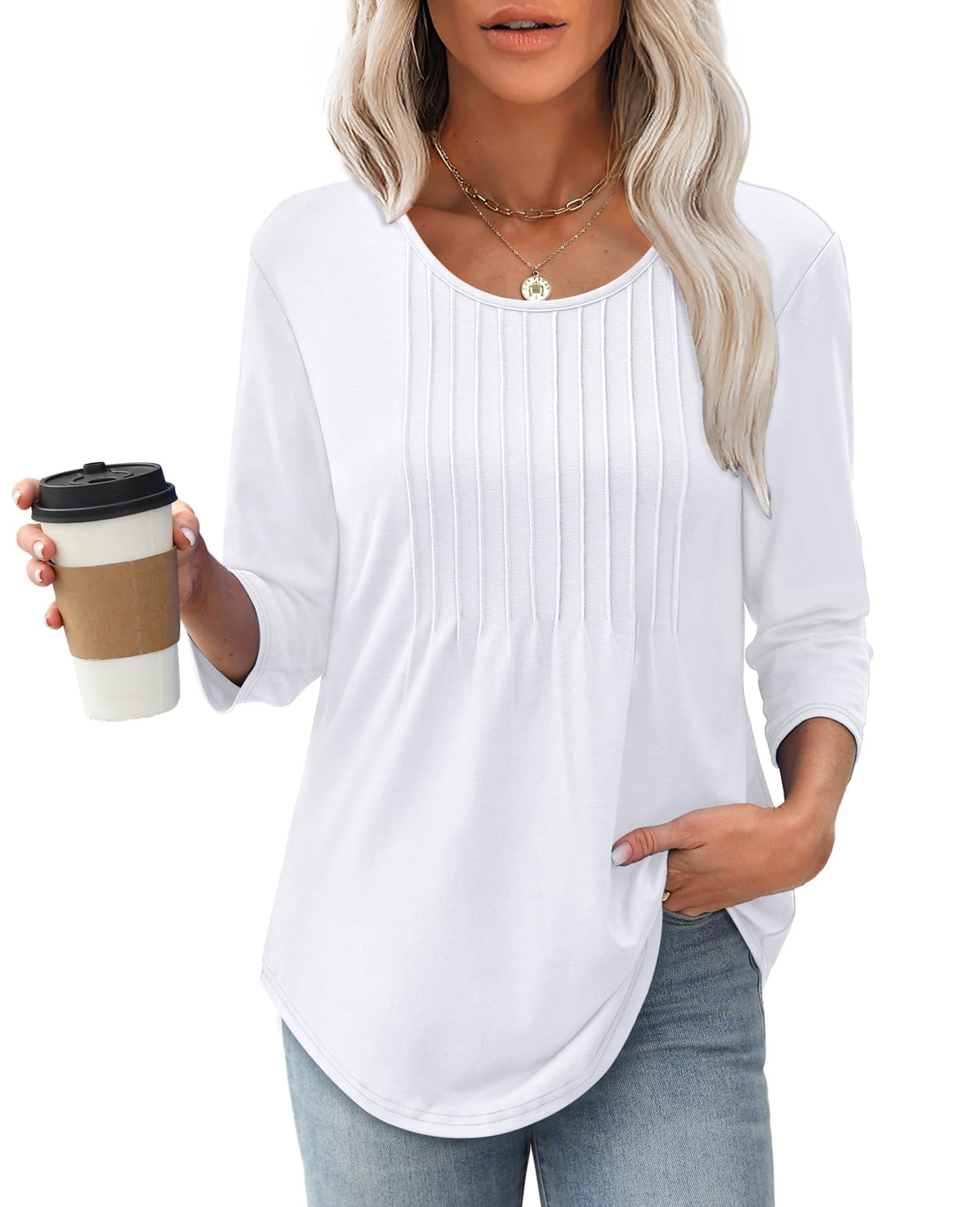 Limited time sale🔥Women's 3/4 Length Sleeve Crewneck Casual Pleated Tunic Tops