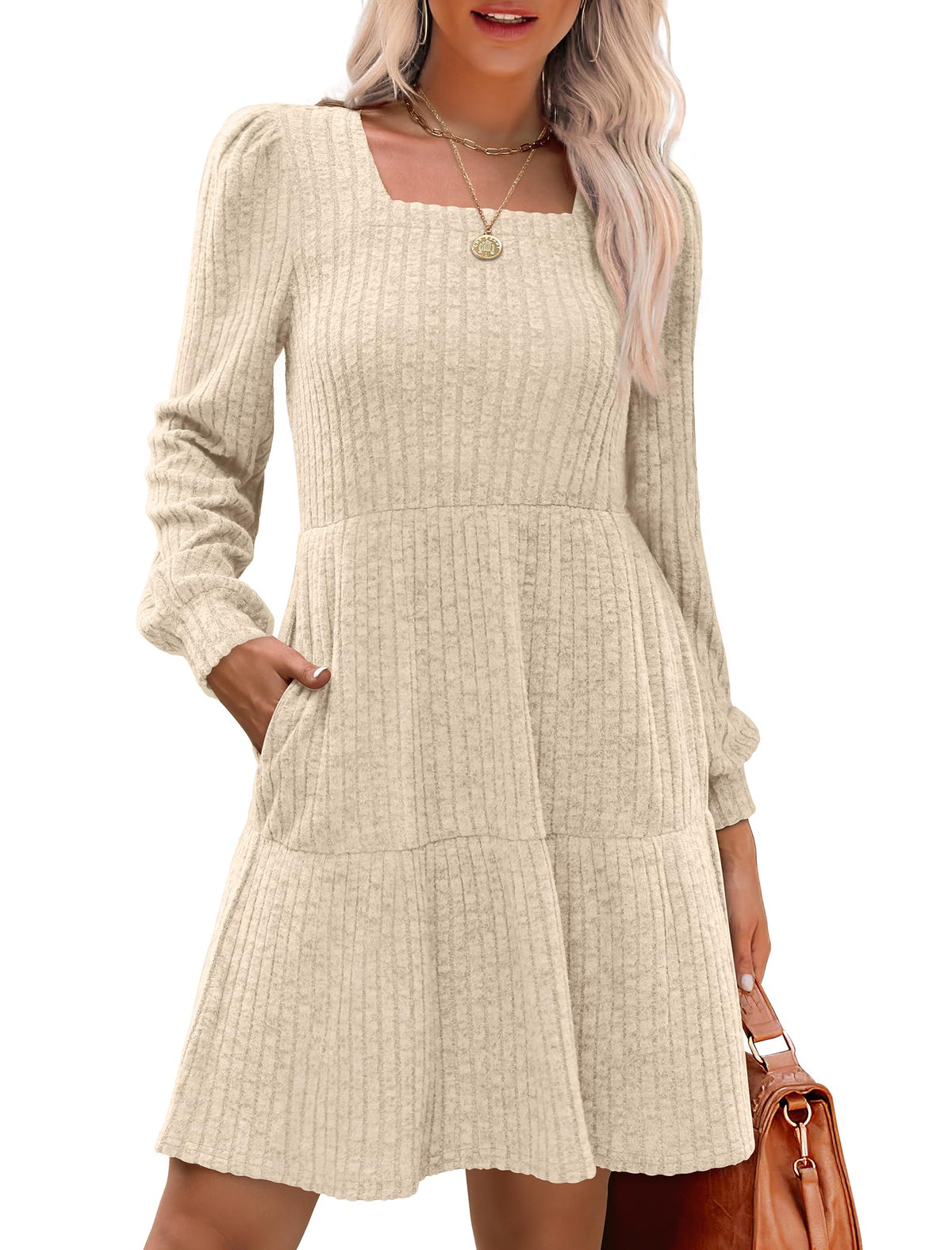 Limited time sale🔥Women's Square Neck Lantern Sleeve Ribbed Dress