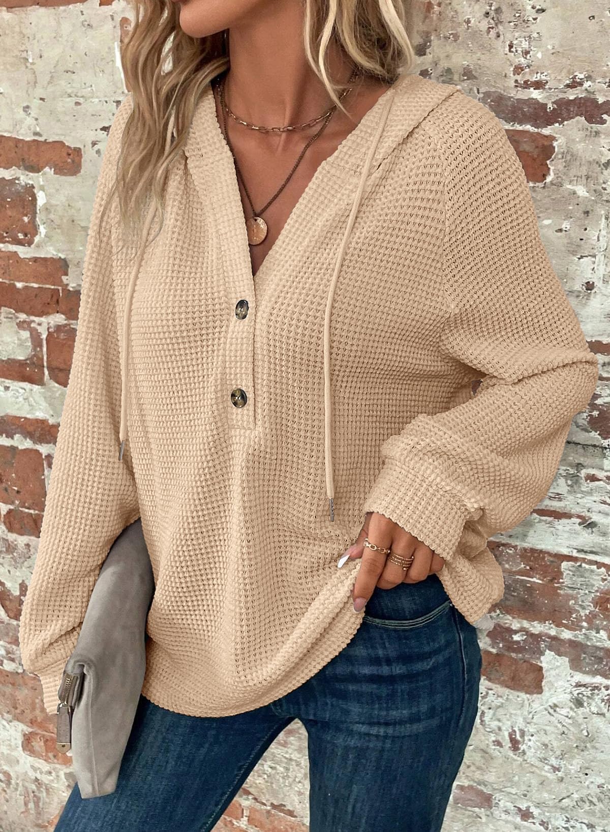 Limited time sale 🔥Women's Waffle Knit Drawstring Button V Neck Hooded Sweatshirt