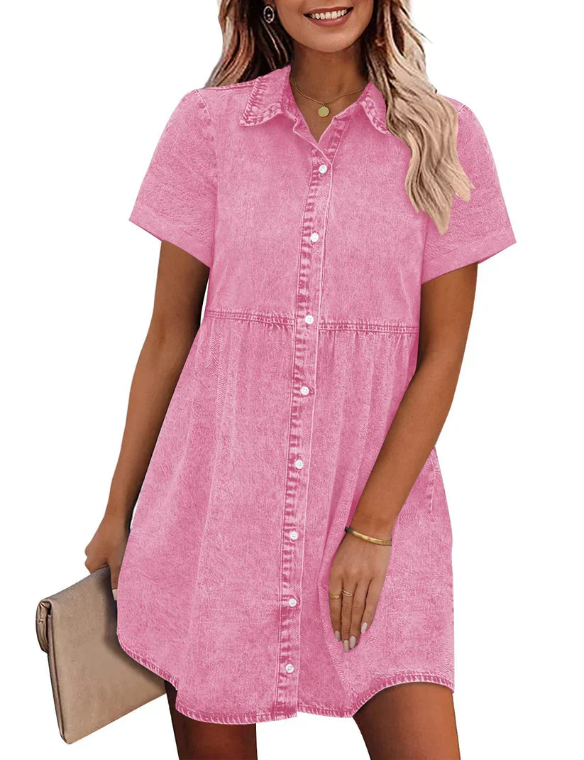 Limited time sale🔥Women's Short Sleeve Button Denim Shirt Dress