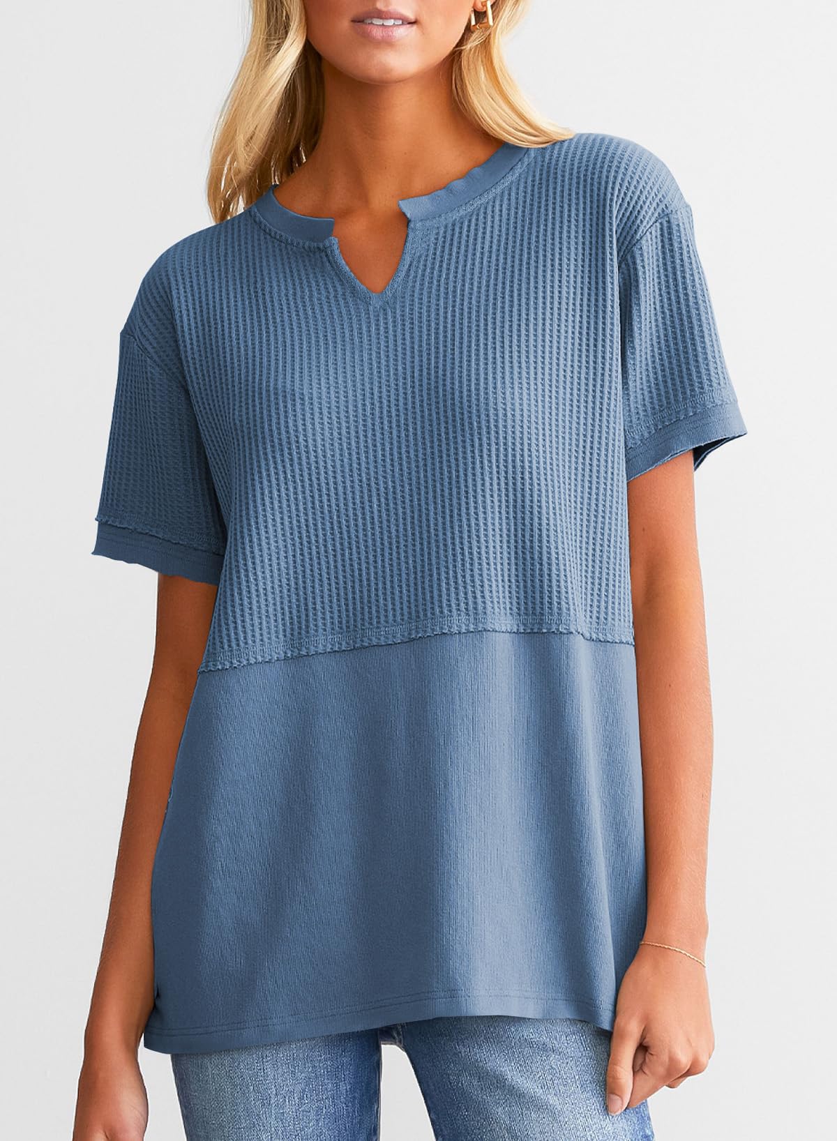 Limited time sale🔥Women's Casual V Neck Waffle Knit Tops Short Sleeve T Shirts