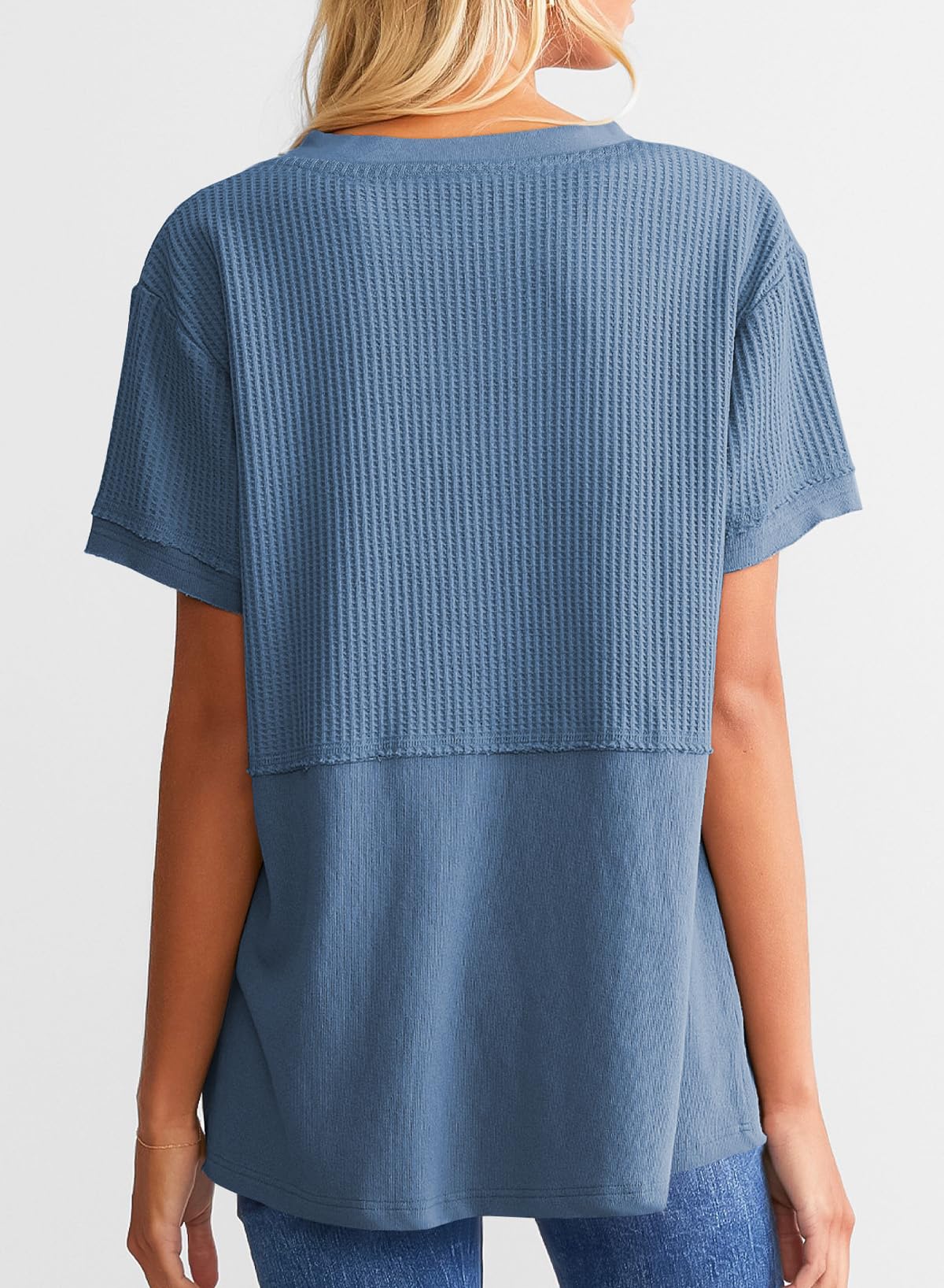 Limited time sale🔥Women's Casual V Neck Waffle Knit Tops Short Sleeve T Shirts