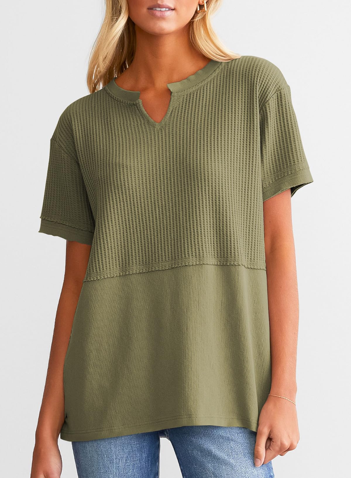Limited time sale🔥Women's Casual V Neck Waffle Knit Tops Short Sleeve T Shirts